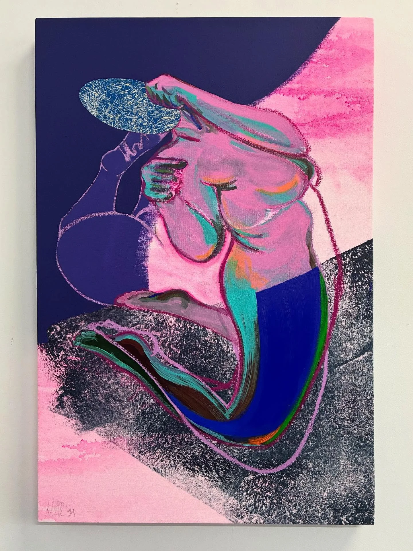 SOLD &ldquo;A Narrow Place&rdquo;
Oil paint, acrylic, latex, oil pastel, screen print on canvas 
30in x 42in
2025