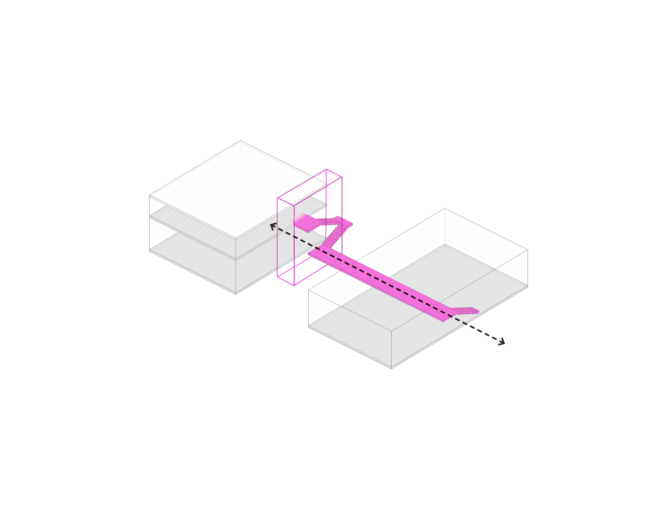 Targeted interventions link the two buildings. A new spine, composed of a bridge and a tower, links all levels of both buildings, tracing a visible and iconic new element of the site.