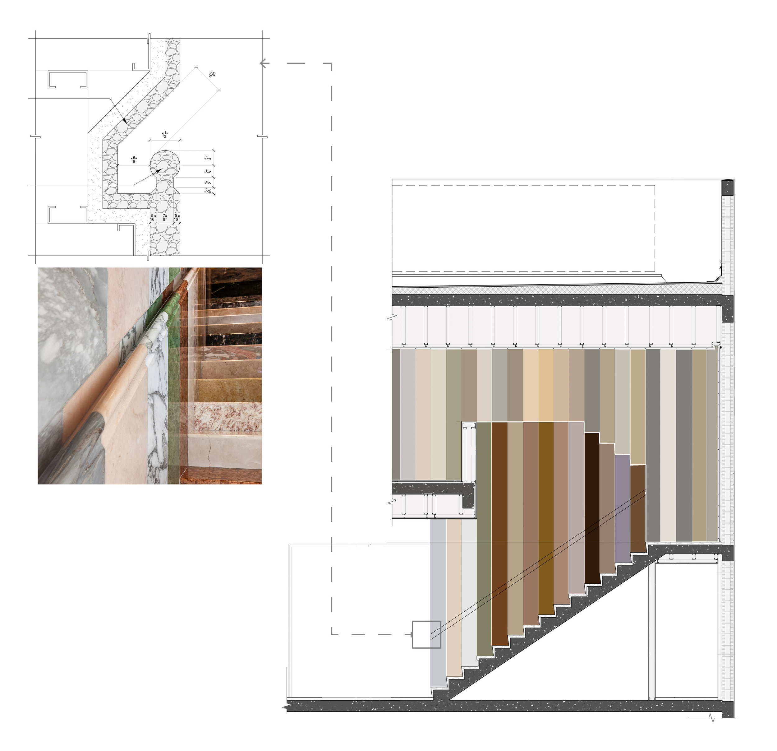  Central stair   A brilliant stair comprised of 37 variations of marble was designed for the home and represents a collaboration between the artist and architect.  