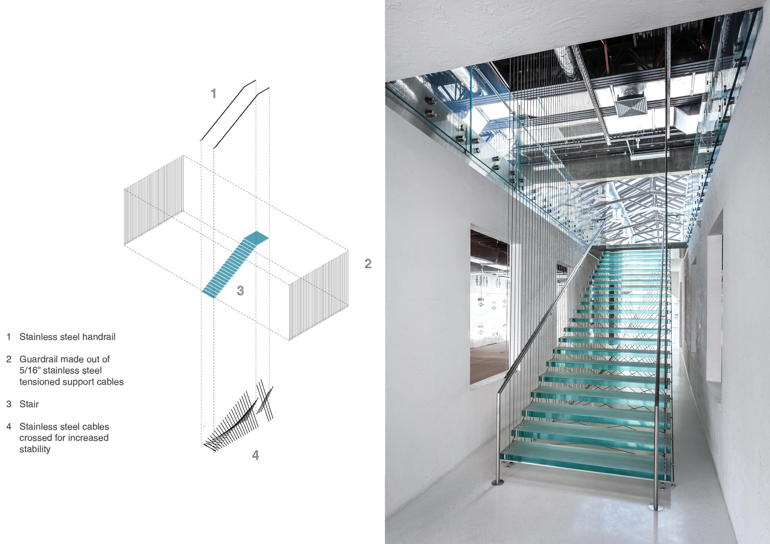  The new glass stair, suspended by cables between the floor and roof, is poised in the historic passageway of the structure. Original window openings have been restored.  