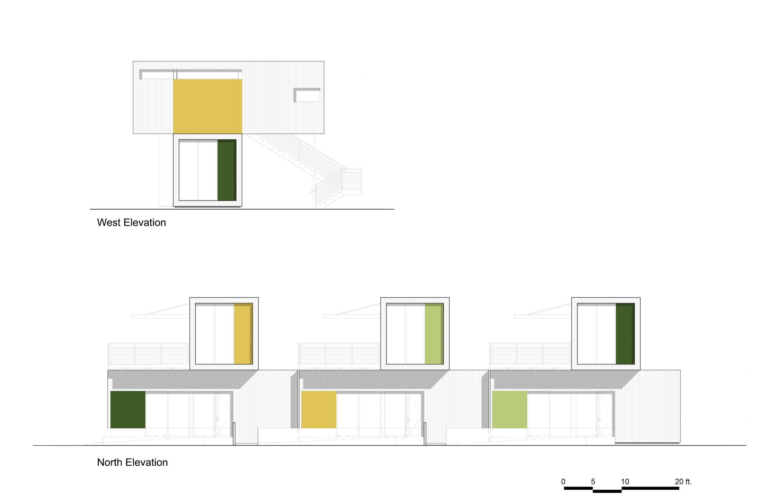  Exterior facades will combine metal siding (a contemporary take on vertical board and batten siding) and colorful paneling.  