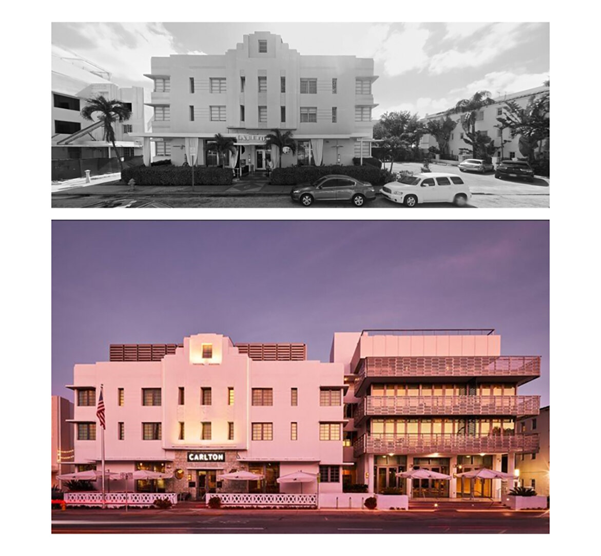  The existing hotel (top image) was designed by noted Miami Beach architect Henry Hohauser and built in 1936. The current architect restored the historic hotel and added a new wing in the adjacent empty lot. 