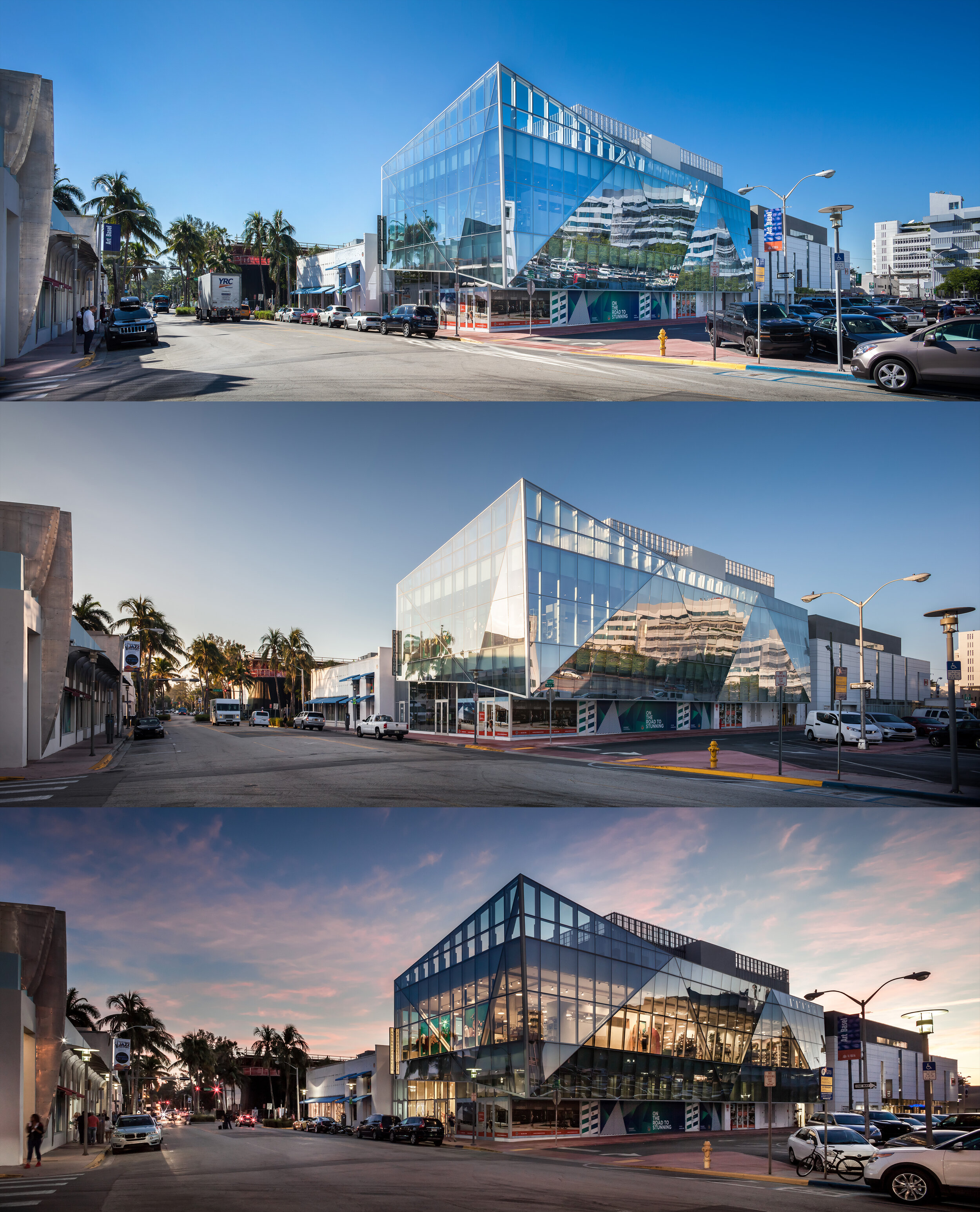  From morning to dusk, the faceted façade is imbued with refracted reflections of the cityscape. The building appears almost dematerialized during the day,  transitioning to transparency as night falls, revealing the interior function.   