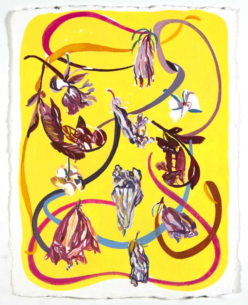 Ribbons + Flowers (2017) Gouache on Hand Milled French Paper/ 9 x 13 inches (image). Framed 16 x 20"
