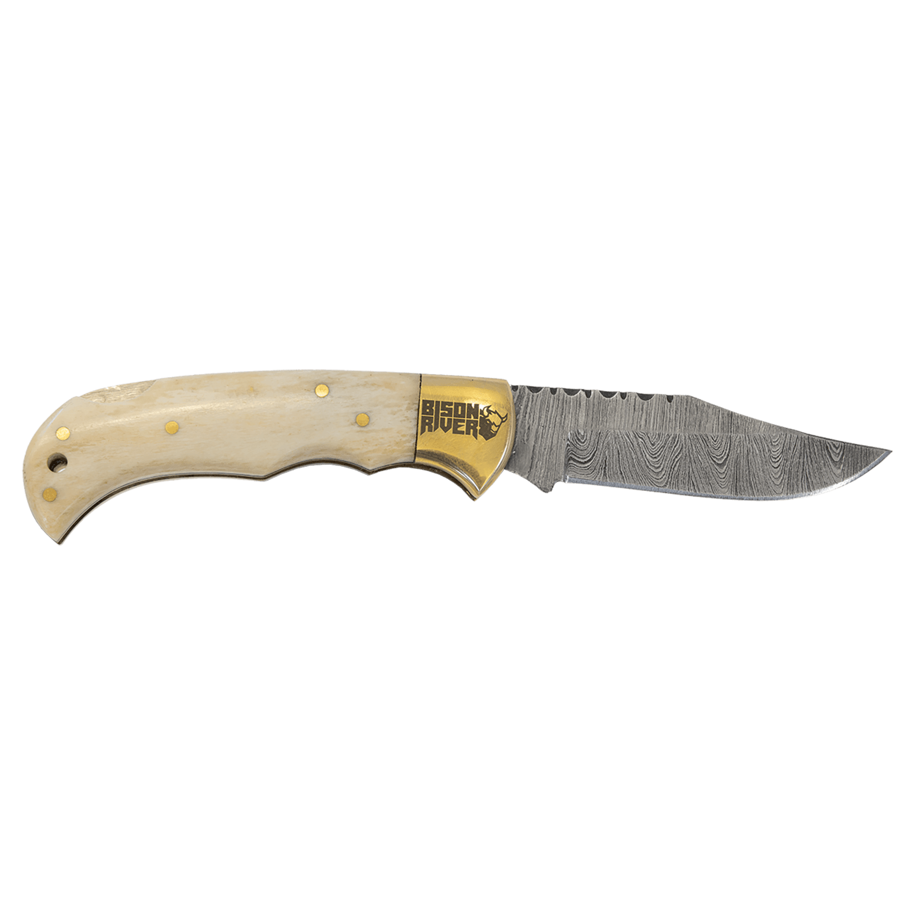 Bone Folding Knife with Damascus Steel Blade and Leather Sheath 3.75" -6.75" when open (Includes Engraving)
