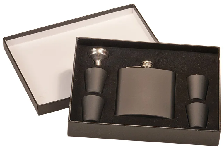 6 oz. Matte Black Flask Set in Black Presentation Box (Includes Engraving)
