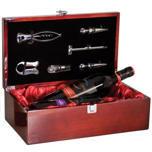 Rosewood Finish Double Wine Presentation Box with Red Interior 14.25" x 4.5" x 4.75" (Includes Engraving)