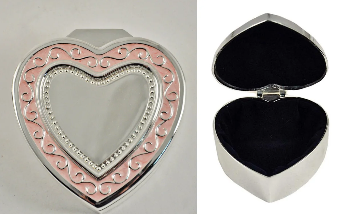 Wedding Silver Jewelry Box w/Heart Pink Motif (Includes Engraving)