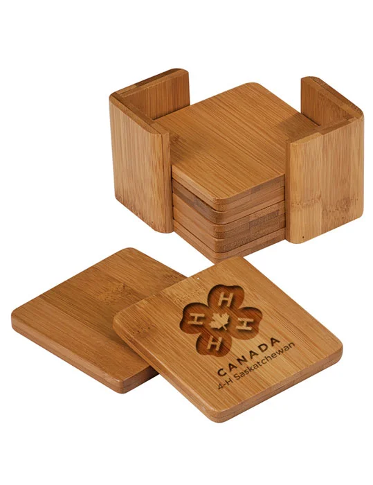 3.75" x 3.75" Bamboo Square 6-Coaster Set with Holder (Includes Engraving)