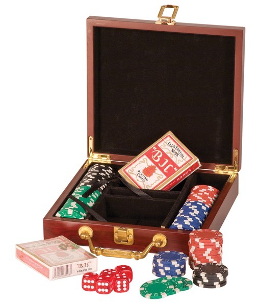 Rosewood Finish 100 Chip Poker Set- Case Size 8.75" x 7.5" (Includes Engraving)