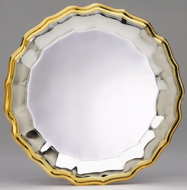 Silver Plated Circle Wave Gold Trim Tray with Stand- 3 Sizes