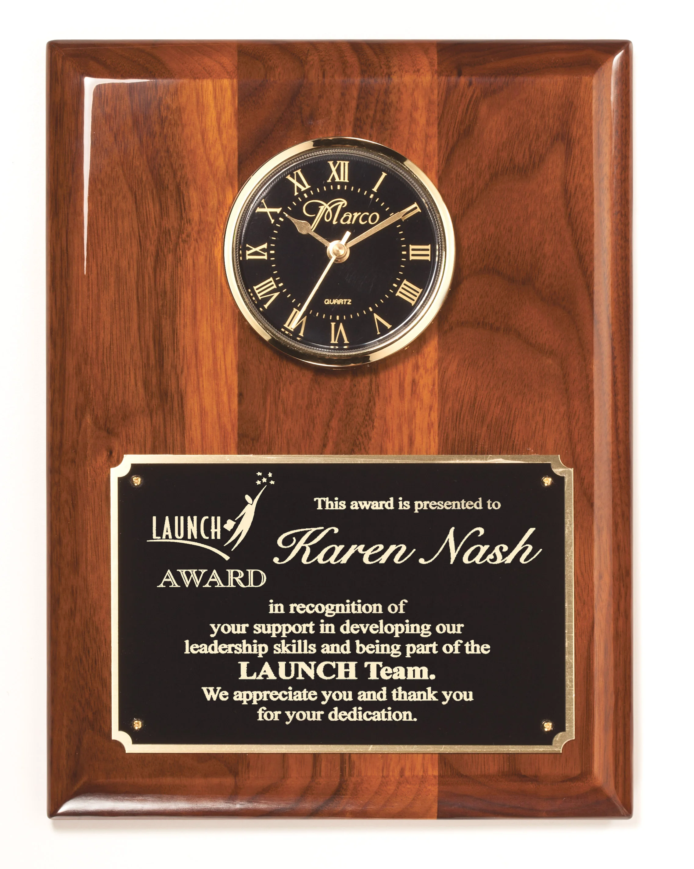 Genuine Walnut High Gloss Plaque Black/Gold Clock 9"x12" (Includes Engraving)