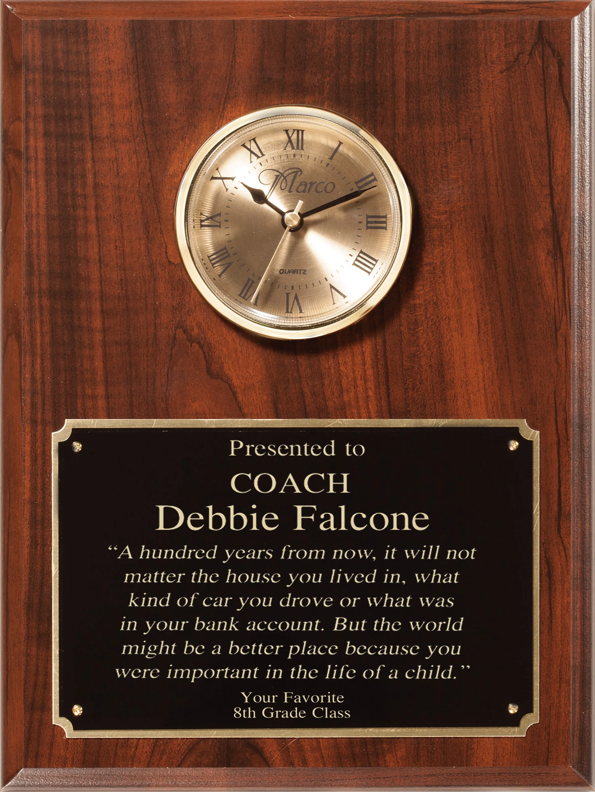 Genuine Cherry Finish Plaque Gold Clock 9 x 12" (Includes Engraving)