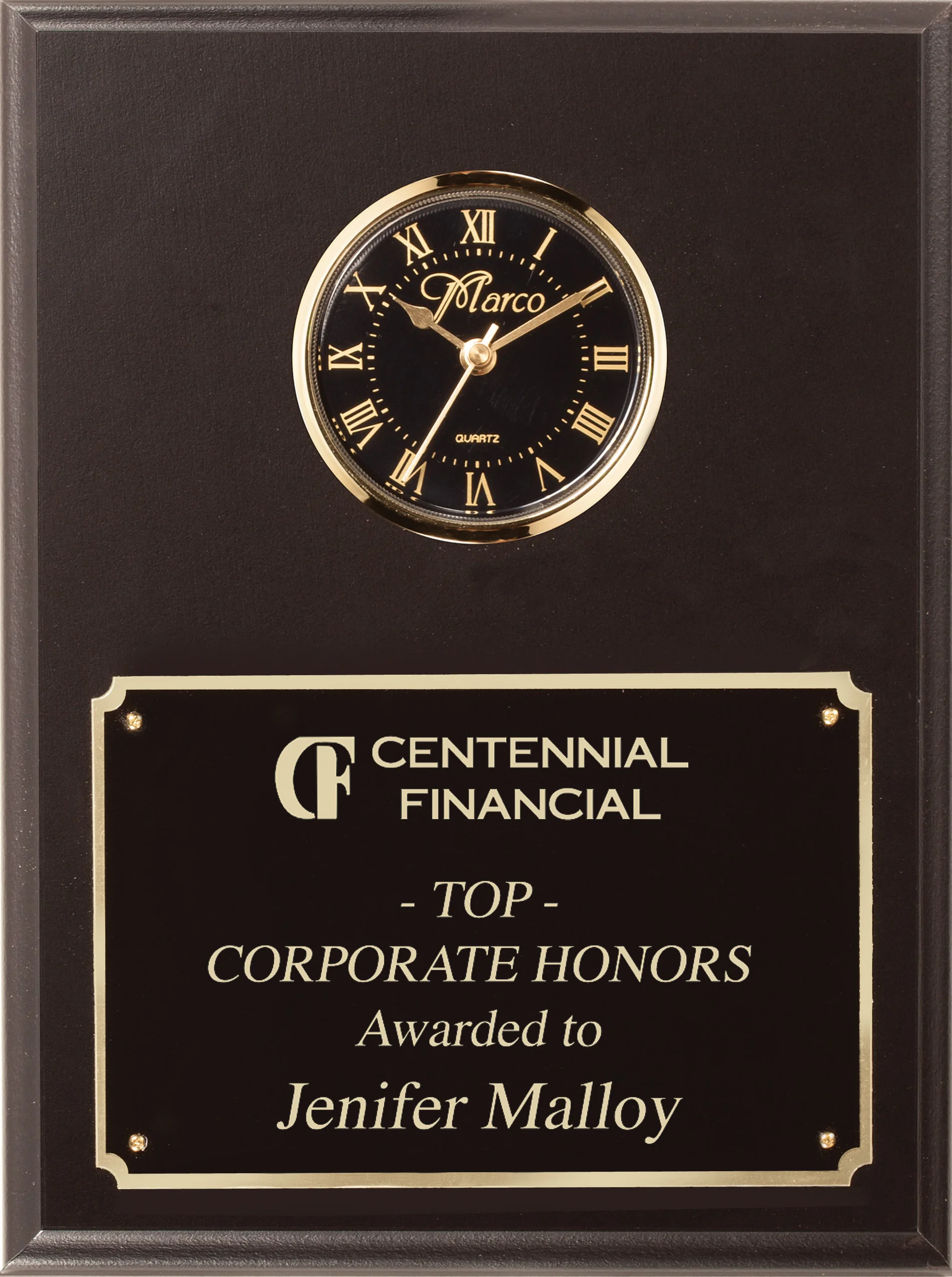 Black Marble Finish Plaque Black/Gold Clock 9 x 12" (Includes Engraving)