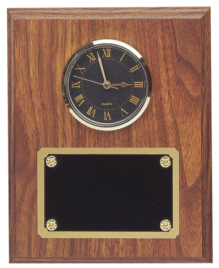 Walnut Finish Plaque Black/Gold Clock 8 x 10" (Includes Engraving)