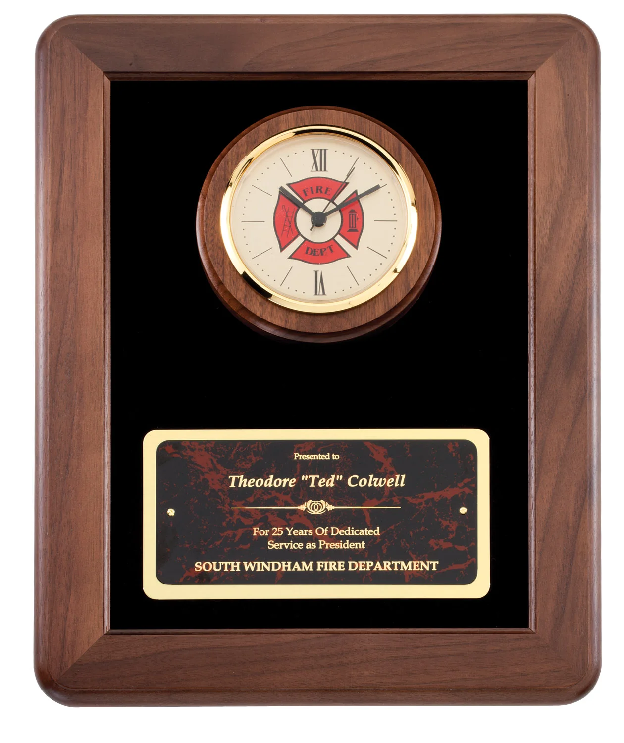 Fireman Walnut Plaque Clock 12 x 15" (Includes Engraving)