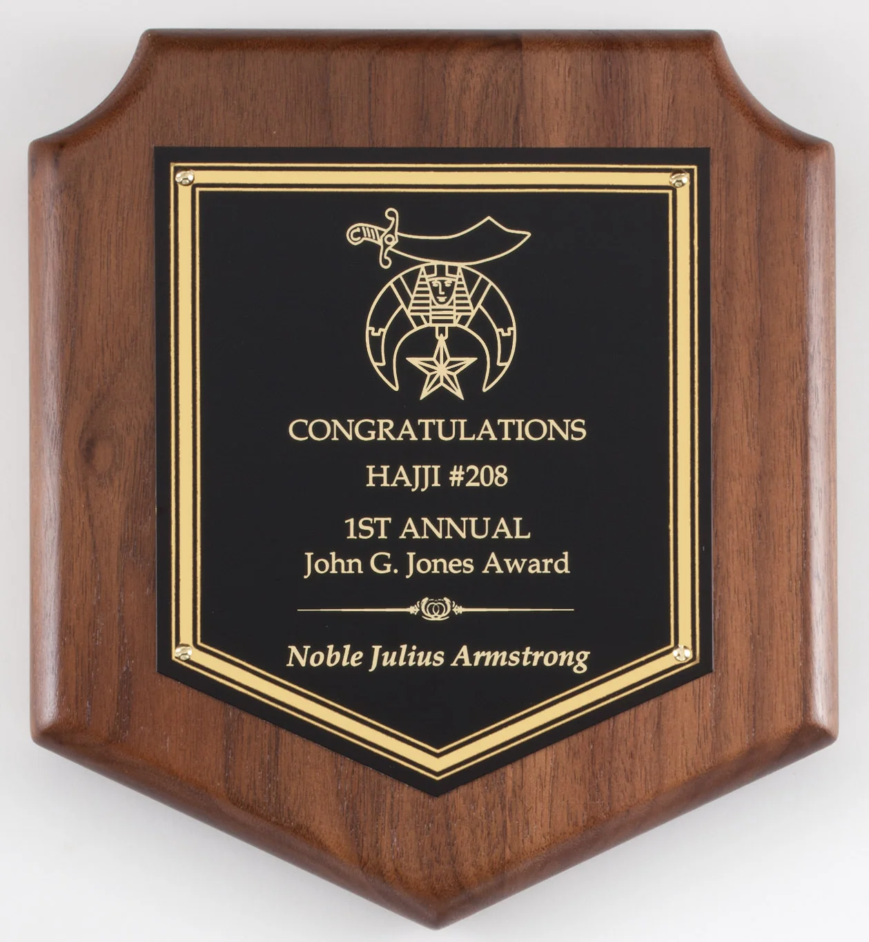 Lewes Walnut Shield Plaque/Black Brass 7x8" (2 Custom Options)