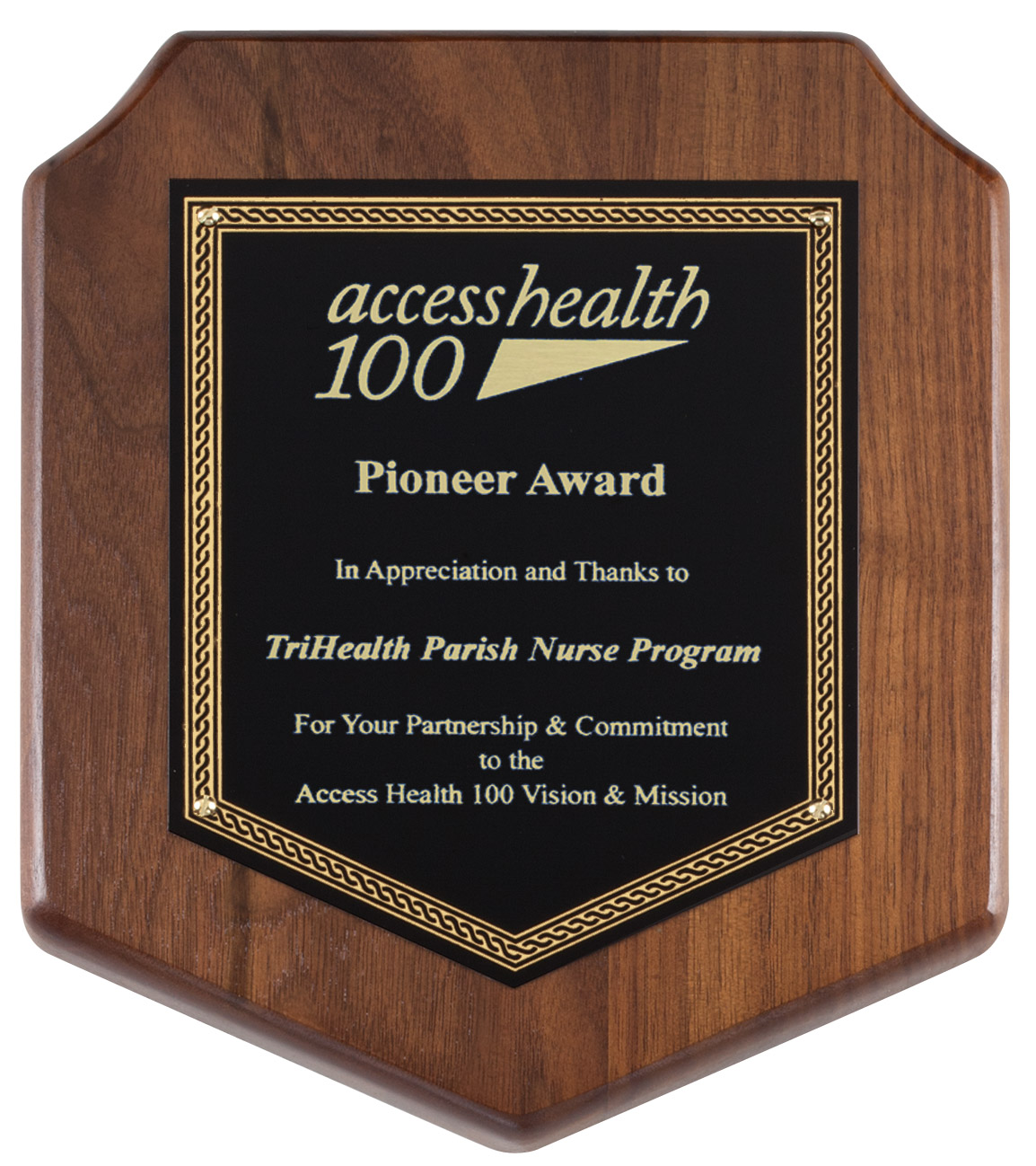 Drogo Walnut Shield Plaque/Black Brass 7x8" (2 Custom Options)