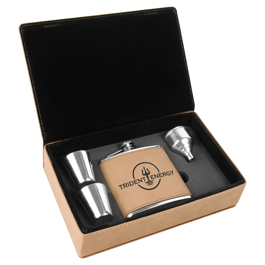 6 oz. Light Brown Laserable Leatherette Flask Gift Set(Includes Engraving)