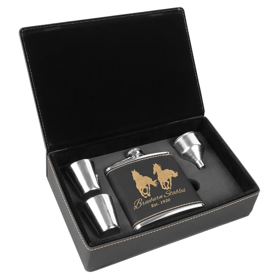6 oz. Black/Gold Laserable Leatherette Flask Gift Set(Includes Engraving)