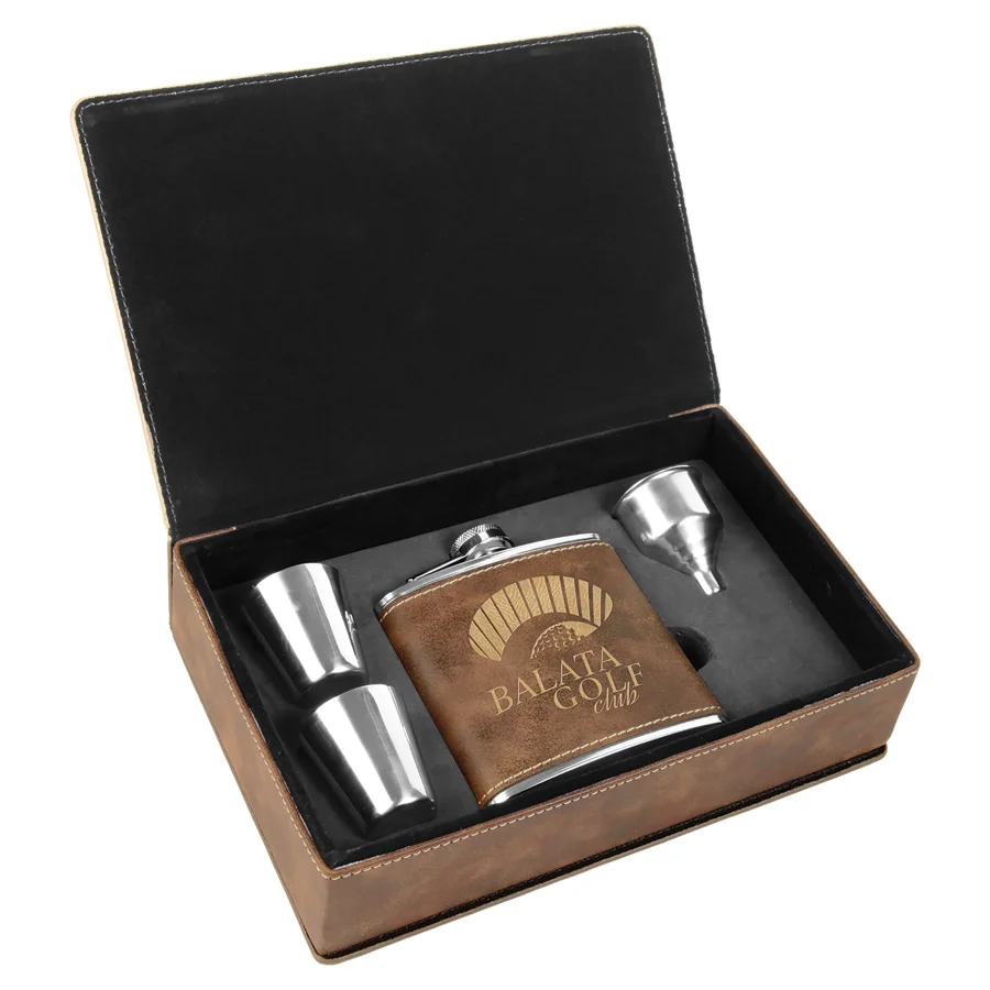 6 oz. Rustic/Gold Laserable Leatherette Flask Gift Set (Includes Engraving)