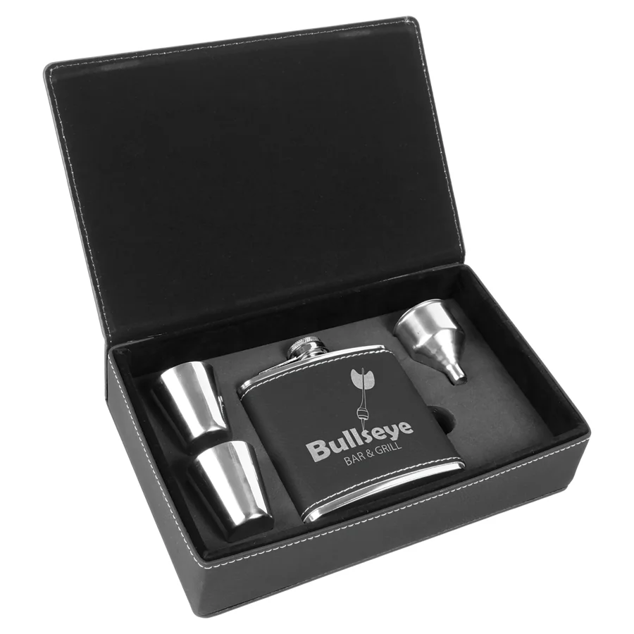 6 oz. Black/Silver Laserable Leatherette Flask Gift Set (Includes Engraving)