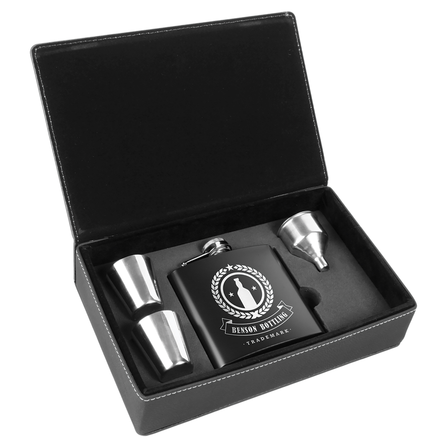 6 oz. Black Stainless Steel Flask Set in Black/Silver Laserable Leatherette Box (Includes Engraving)