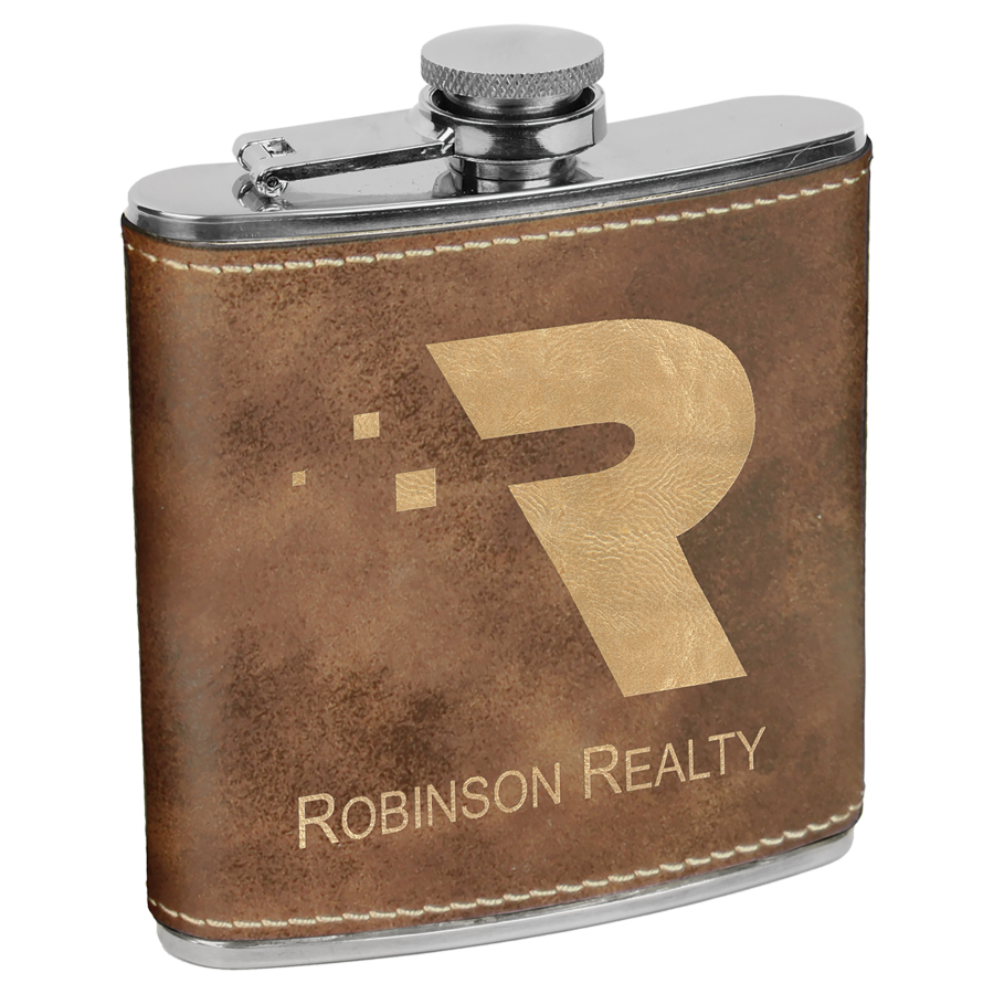 6 oz. Rustic/Gold Laserable Leatherette Stainless Steel Flask (Includes Engraving)