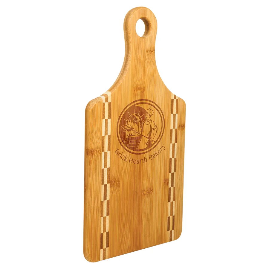 Paddle Shaped Bamboo Cutting Board with Butcher Block Inlay 13.5" x 7"  (Includes Engraving)