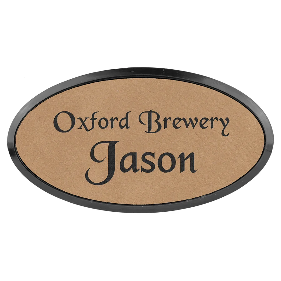Light Brown Leatherette Oval Name Badge & Frame with Magnet (Includes Engraving)