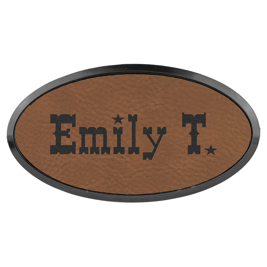 Dark Brown Leatherette Oval Name Badge & Frame with Magnet (Includes Engraving)