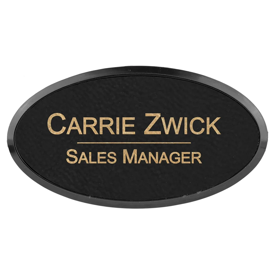 Black/Gold Leatherette Oval Name Badge & Frame with Magnet (Includes Engraving)