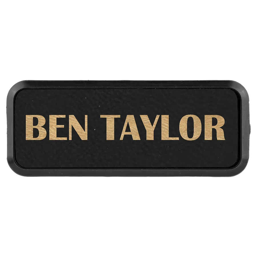 Black/Gold Leatherette Name Badge & Frame with Magnet (Includes Engraving)