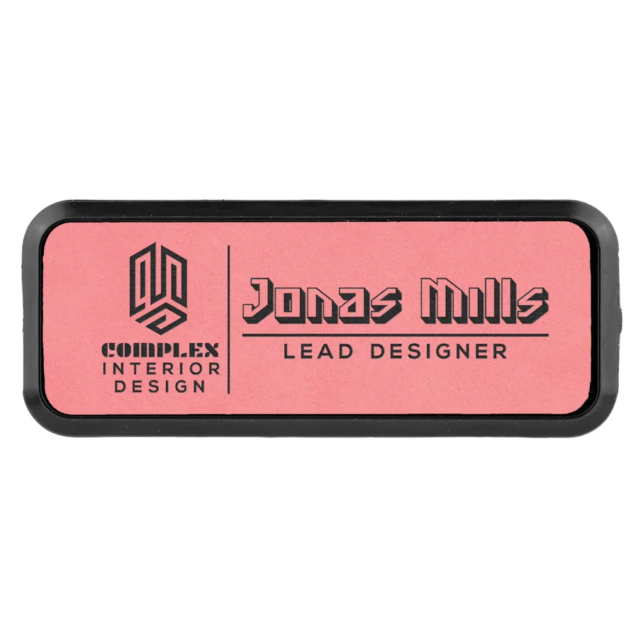 Pink Leatherette Name Badge & Frame with Magnet (Includes Engraving)