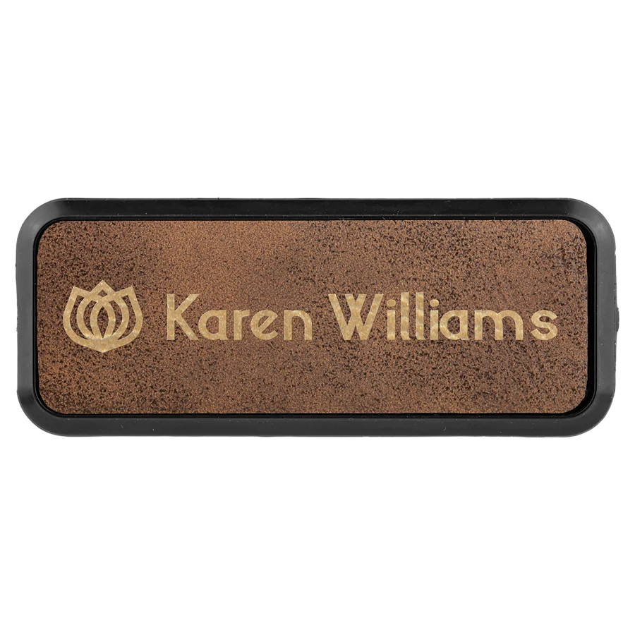Rustic/Gold Leatherette Name Badge & Frame with Magnet (Includes Engraving)