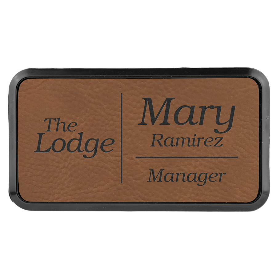 Dark Brown Leatherette Name Badge & Frame with Magnet (Includes Engraving)
