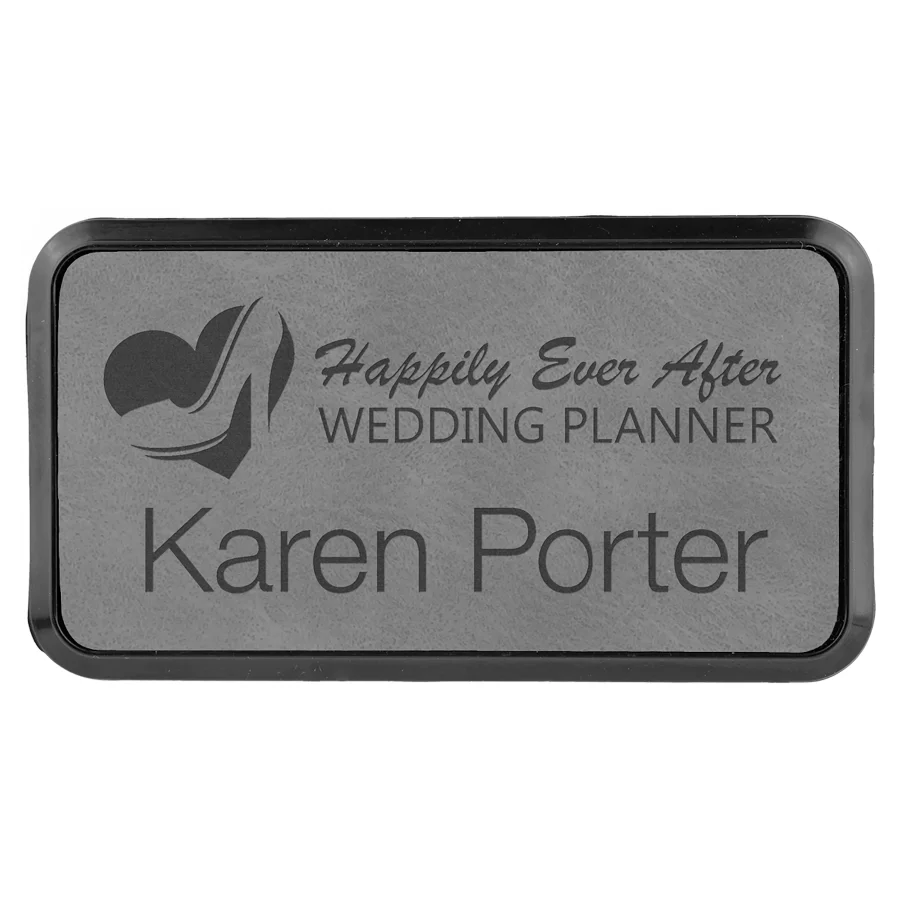 Gray Leatherette Name Badge & Frame with Magnet (Includes Engraving)