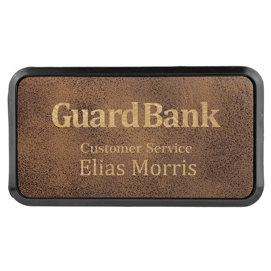 Rustic/Gold Leatherette Name Badge & Frame with Magnet (Includes Engraving)
