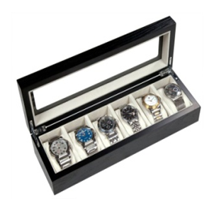 Alpine  Black Oak Wood Veneer 6-Watch Box 14.25" x 4" x 3" (Includes Engraving on Box)