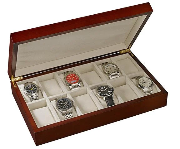 Alpine Rosewood Veneer Wooden 12-Watch Box, Solid Lid (Includes Engraving on Box)