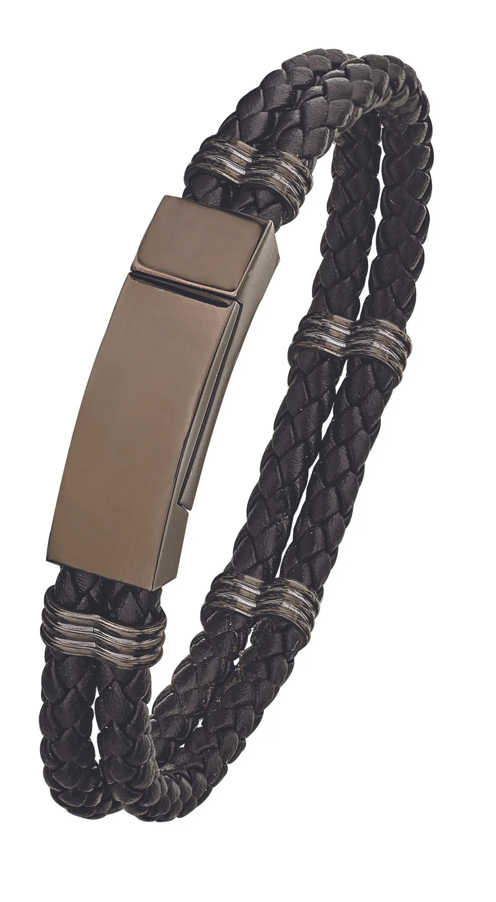 Stainless Steel & Black Leather Bracelet- 4 Sizes (Includes Engraving)