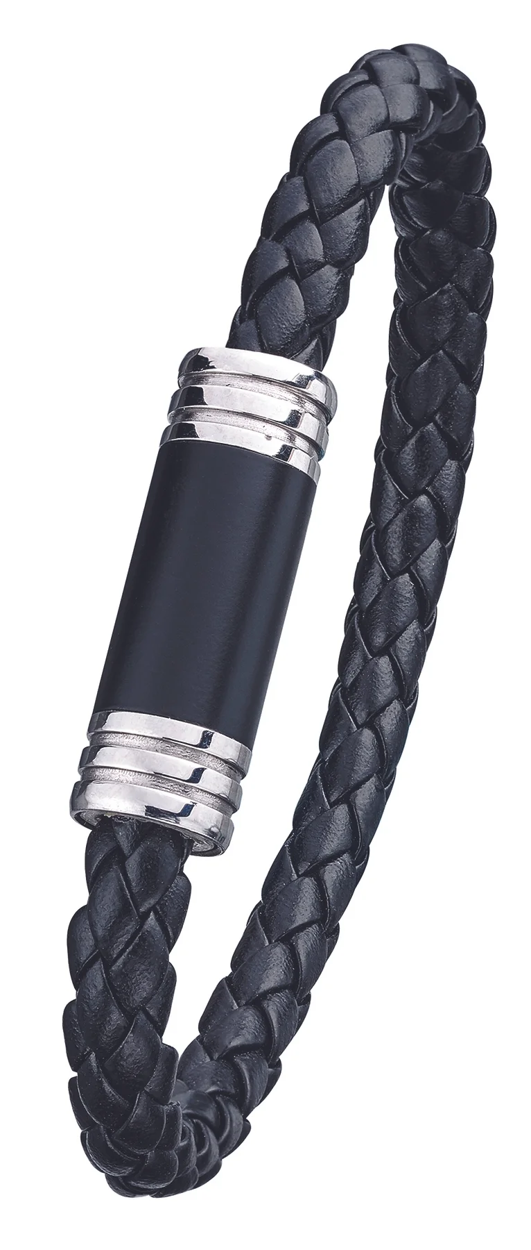 Stainless Steel and Black Genuine Leather Bracelet- 4 Sizes