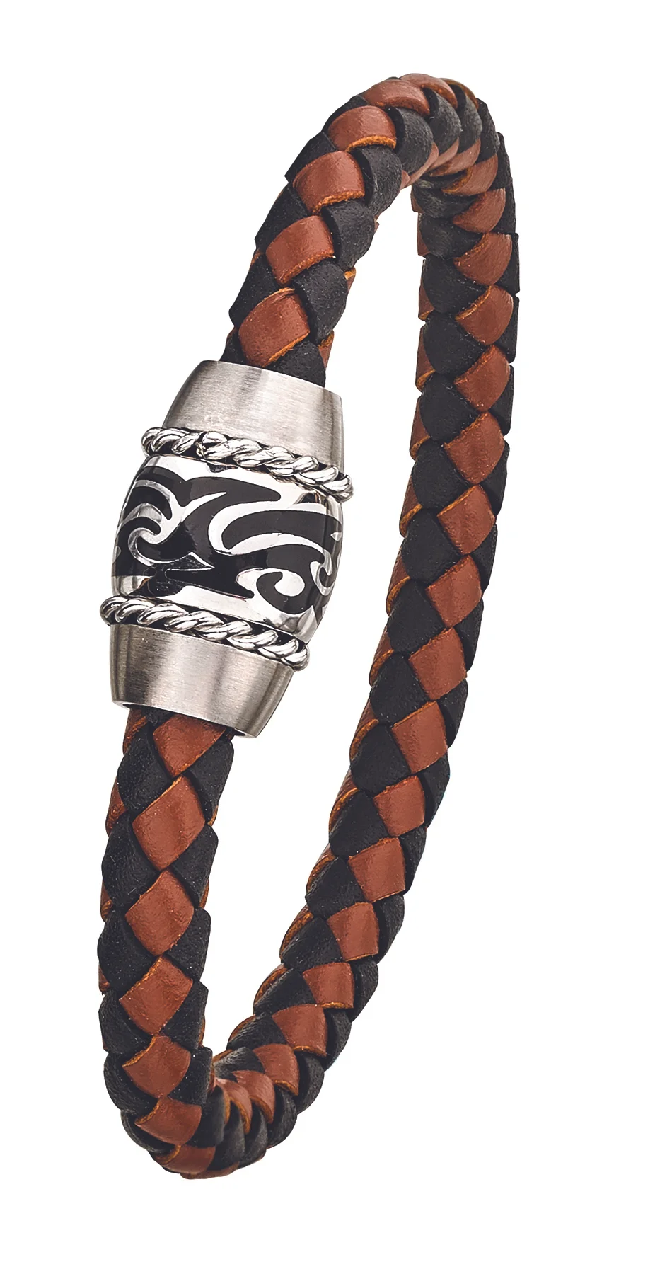 Stainless Steel & Black Genuine Leather Bracelet- 4 Sizes