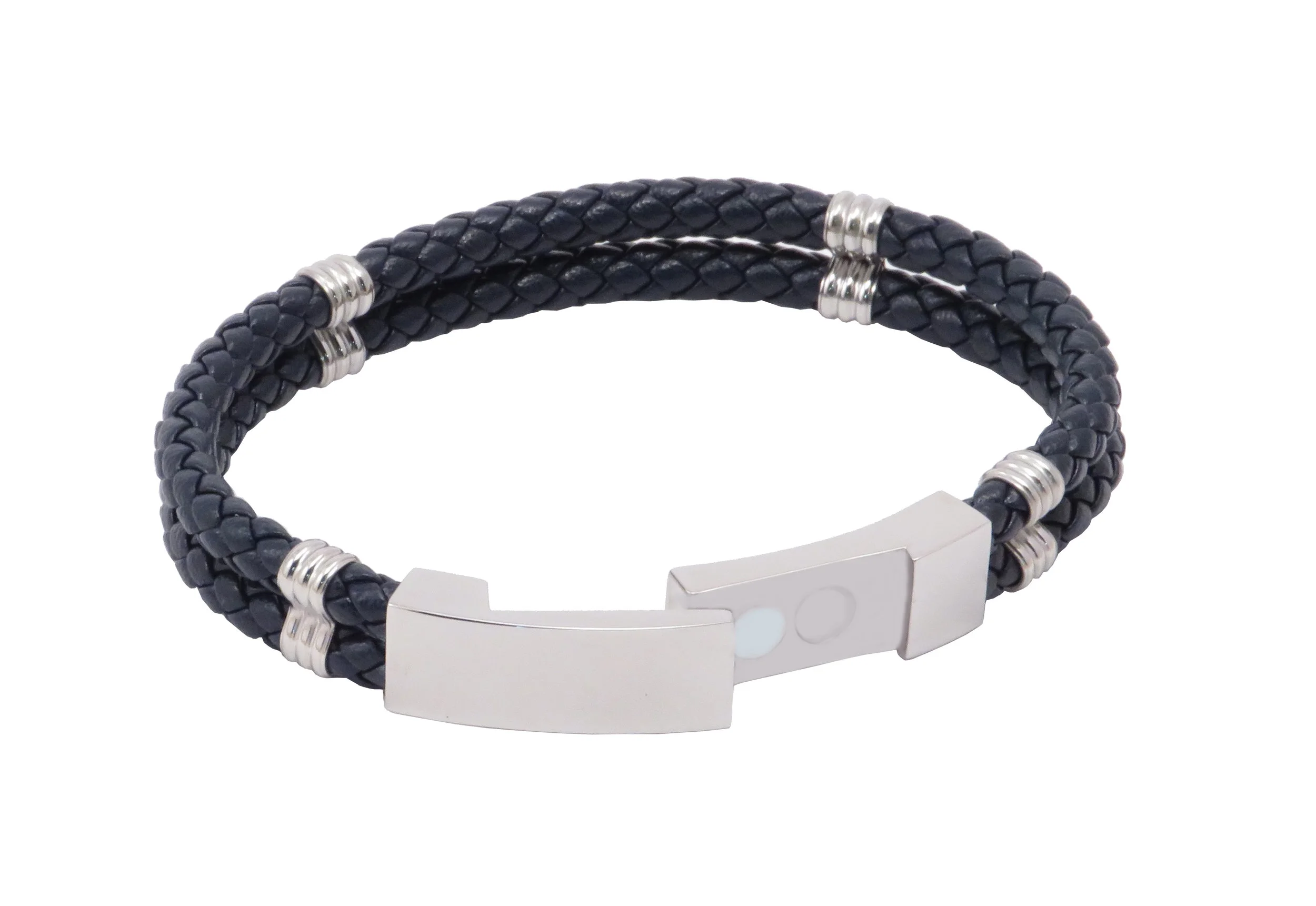 Stainless Steel and Genuine Leather Bracelet w/ Magnetic Clasp- 4 Sizes