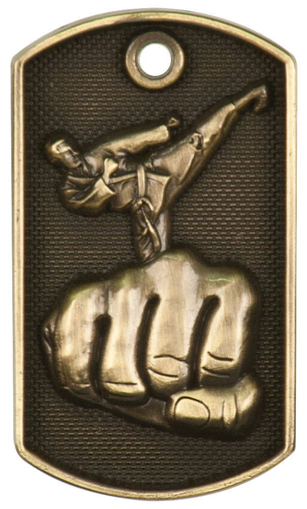 2" Antique 3D Martial Arts Gog Tag (with Gold Beaded Chain)