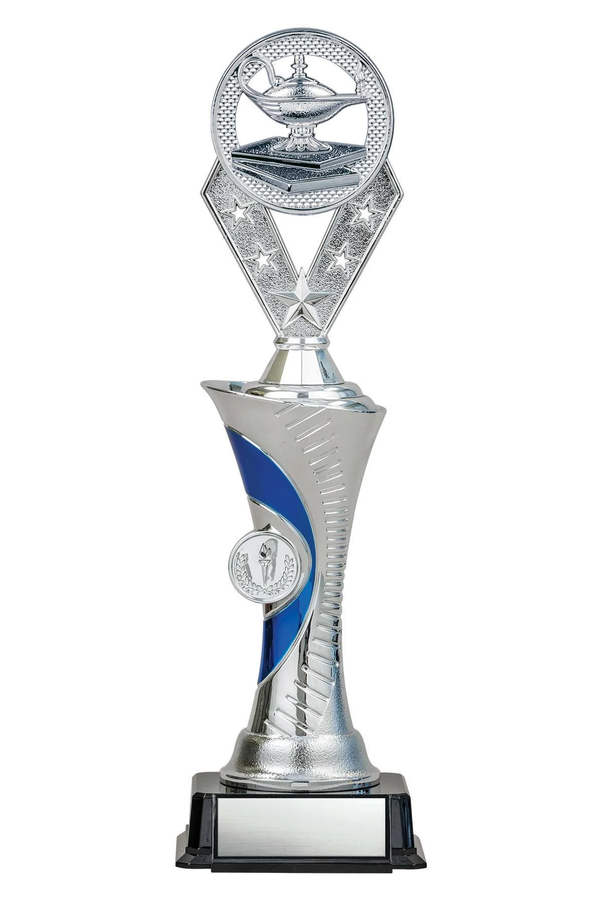 Lamp of Knowledge Silver/Blue Alpha-1 Trophy- 3 Sizes (Includes Engraving)