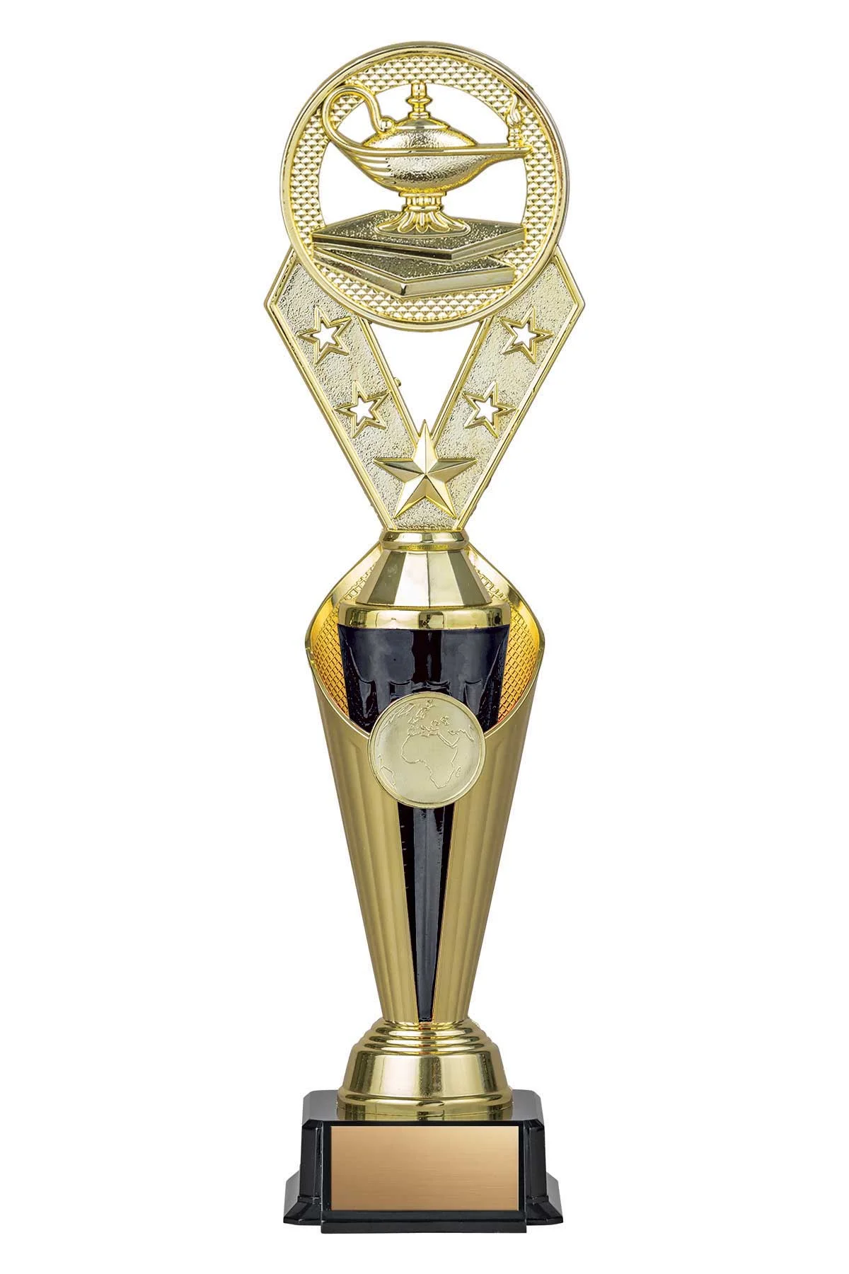 Lamp of Knowledge Gold/Black Alpha-3 Trophy- 3 Sizes (Includes Engraving)