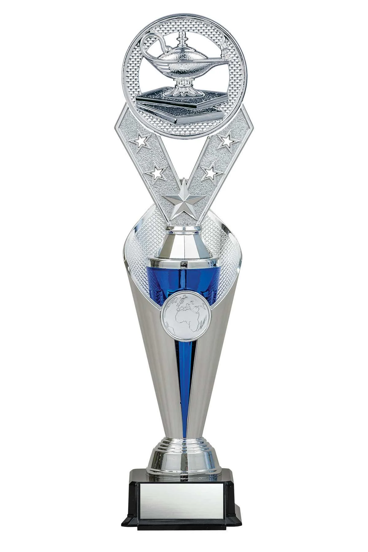 Lamp of Knowledge Silver/Blue Alpha-3 Trophy- 3 Sizes (Includes Engraving)