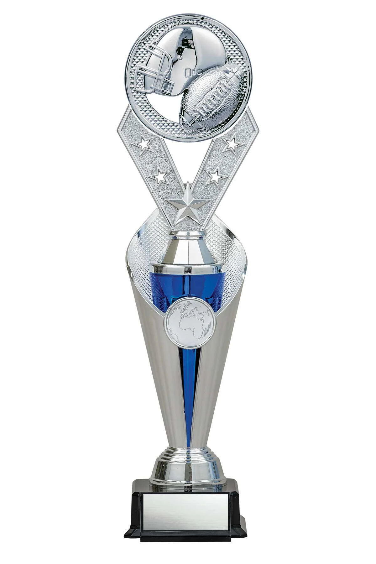 Football Silver/Blue Alpha-3 Trophy- 3 Sizes (Includes Engraving)