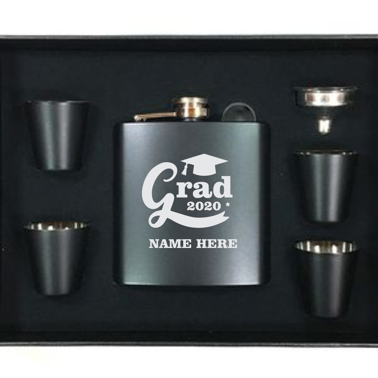 6 oz. Matte Black Grad Flask Set in Black Presentation Box (Includes Engraving)